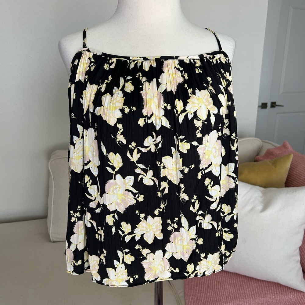 Free People Floral Print Black Spaghetti Strap Top size L